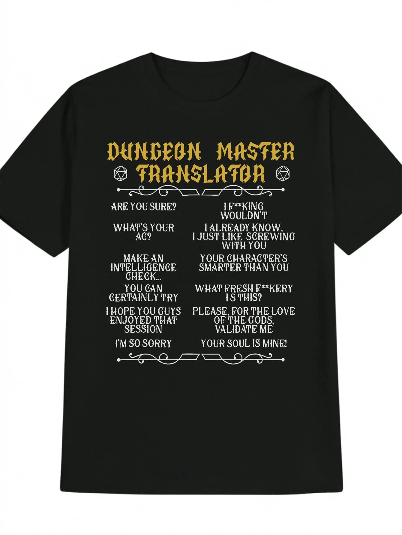 T-shirt da uomo Dungeons & Dragons Inspiration - Divertente gioco da tavolo DM Trnslation Design umoristico - Nera con testo giallo