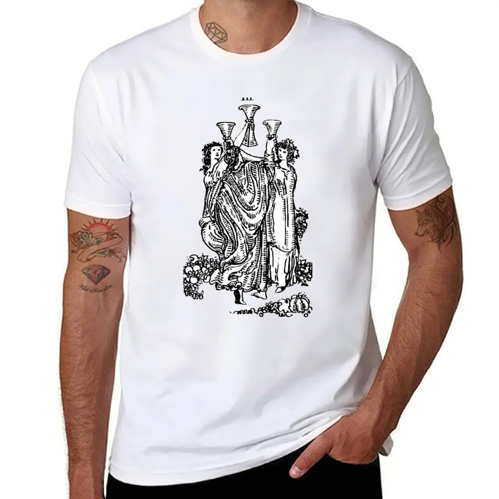 | Tre tazze per carte 3 & 3 | Tazze | T-shirt bianca Tarot Black di T-Shirt Plus Size, maglietta sportiva ad asciugatura rapida