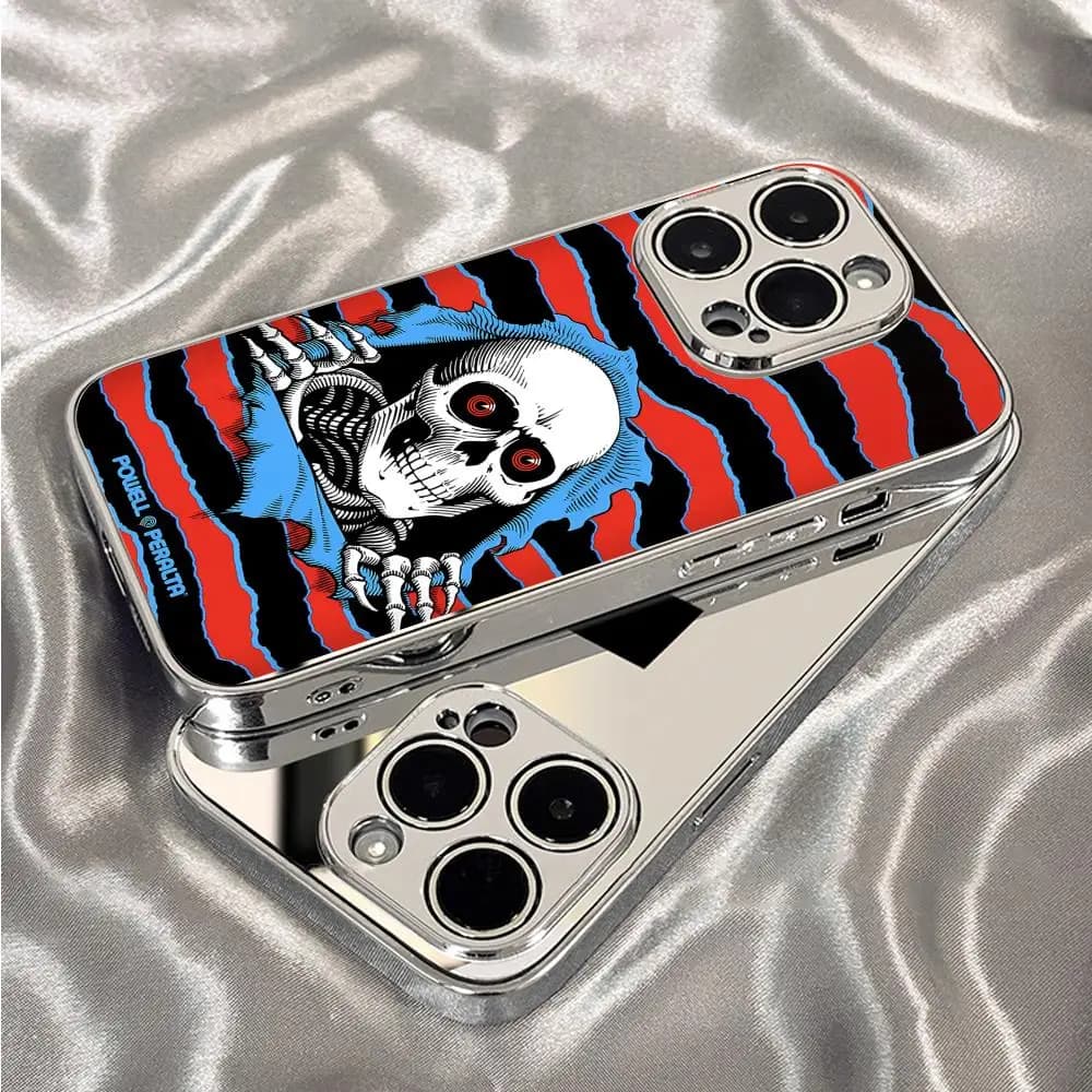 P-Powell P-Peralta phone case for iPhone 17 16 15 14 13 12 Pro Max Plus, with galvanized metal bumper and thin tempered glass back