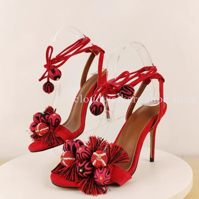 Vintage Ethnic Red Suede Stiletto Sandal Handcraft Bead Pom Pom Tassel Detail Peep Toe Sandals Adjustable Ankle Banquet Vacation