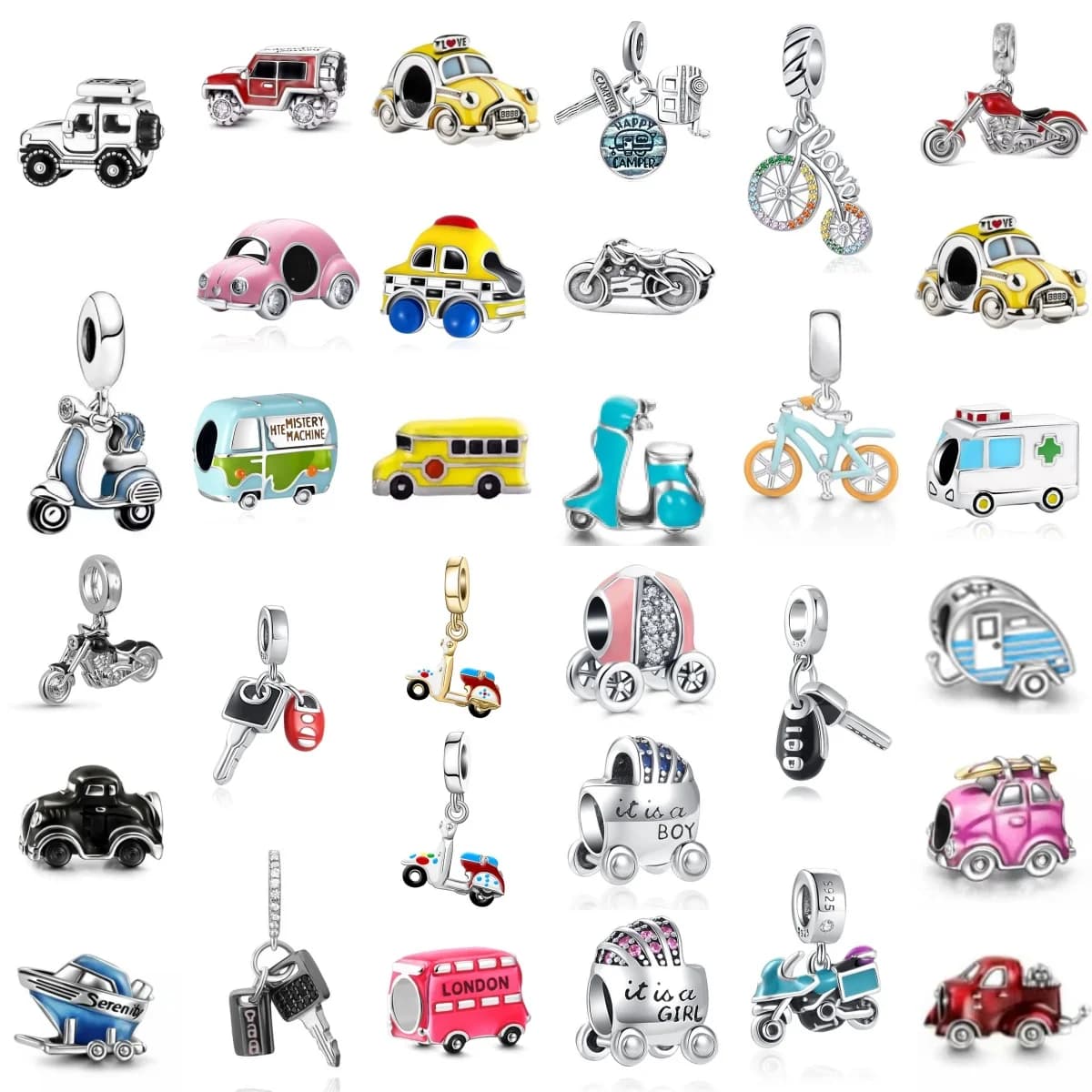 Ciondolo alla Moda in Argento 925 a Forma di Auto Elettrica, Autobus, Moto, Jeep, Ambulanza, Adatto per Bracciali Europei, Accessori per Gioielli Fai-da-Te