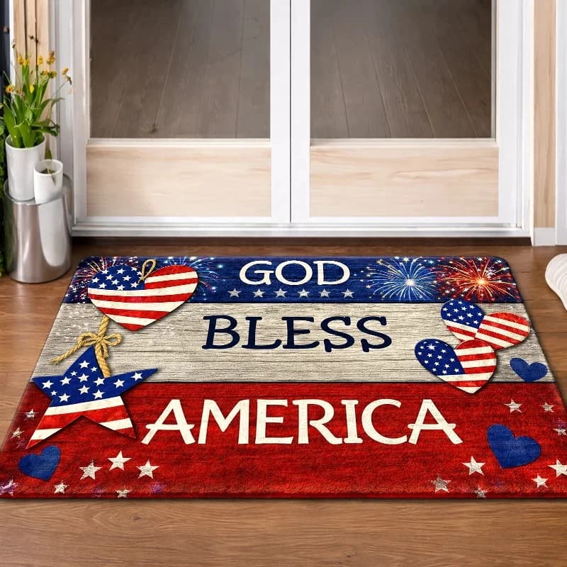 Tappetino per la porta del Giorno dell'Indipendenza di America, con bandiera americana, cuore e stella, antiscivolo, resistente all'usura, per interni ed esterni