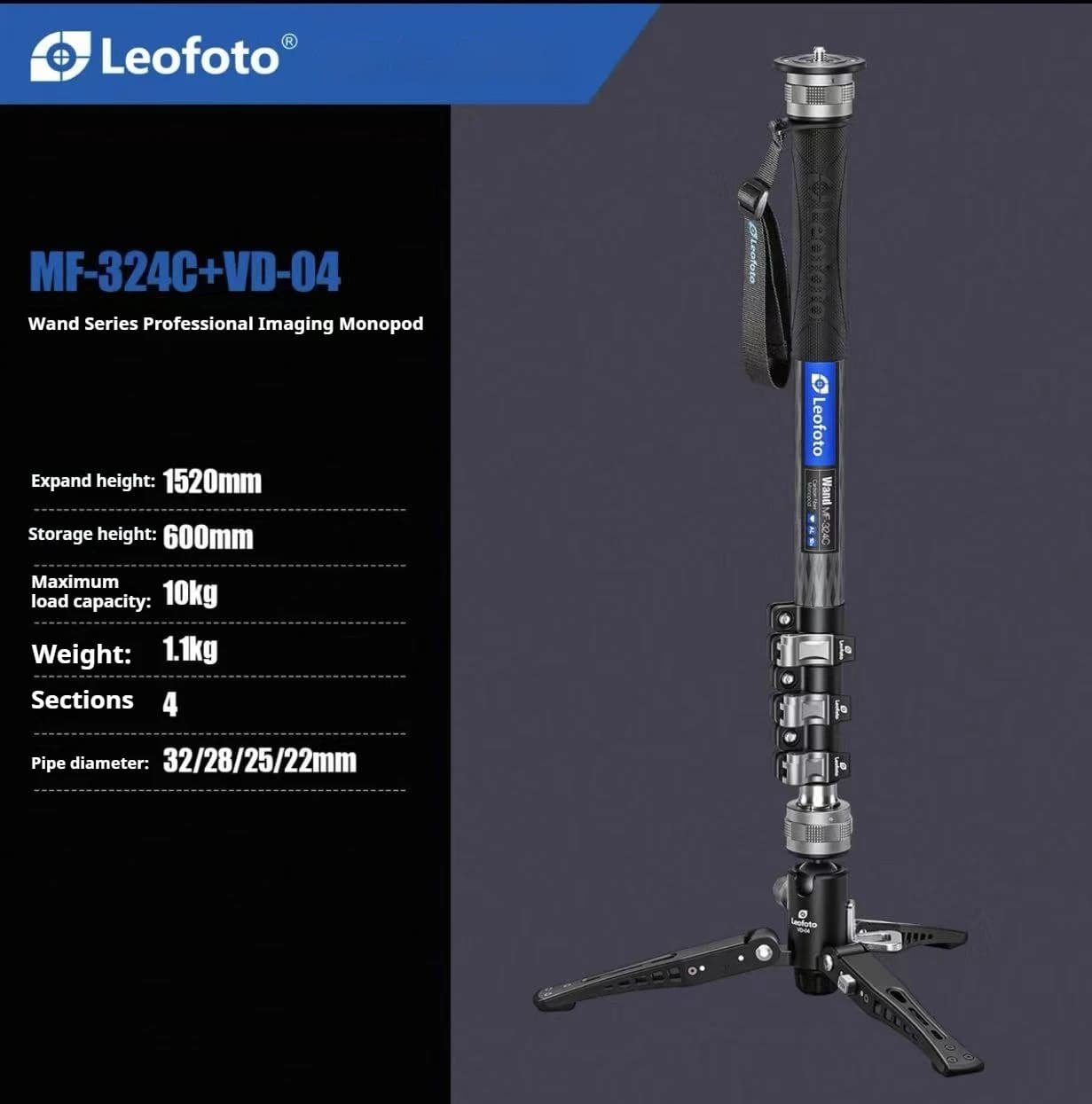 Professional Leofoto Series Magic Wand MF-324C Carbon Fiber with Hydraulic Head Kit