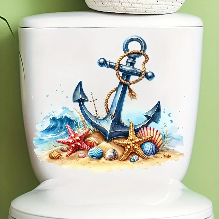 1 piece of beach boat anchor toilet cover sticker, easy to install, removable decorative sticker, including ocean, beach, shell
