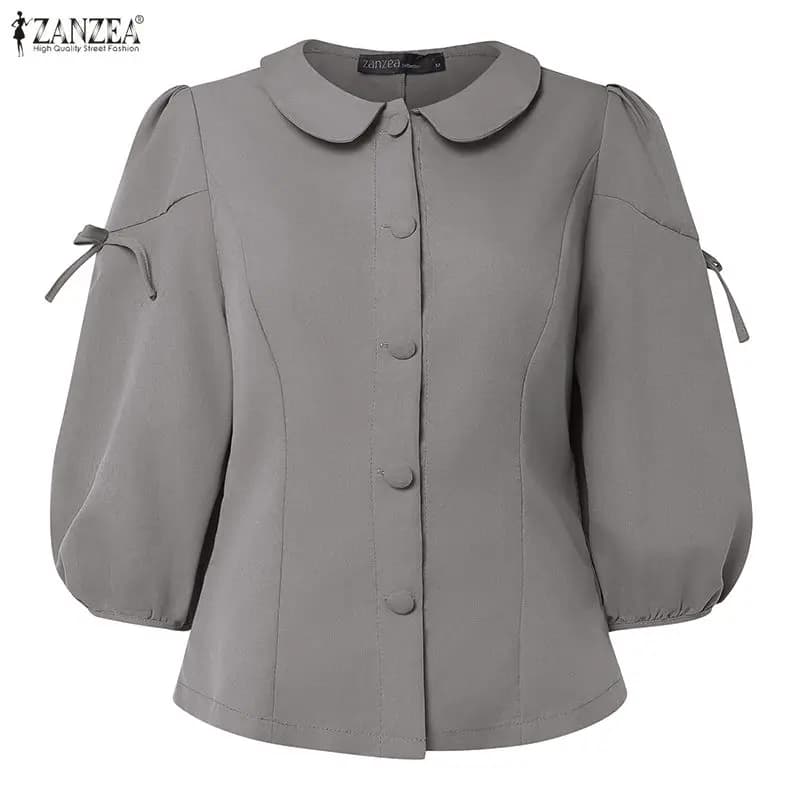 Camicette Eleganti da Donna Primavera Estate con Cuciture a Principessa, Colletto Risvoltato, Maniche a Sbuffo 3/4, Camicie Abbottonate, Top Vintage a Tinta Unita