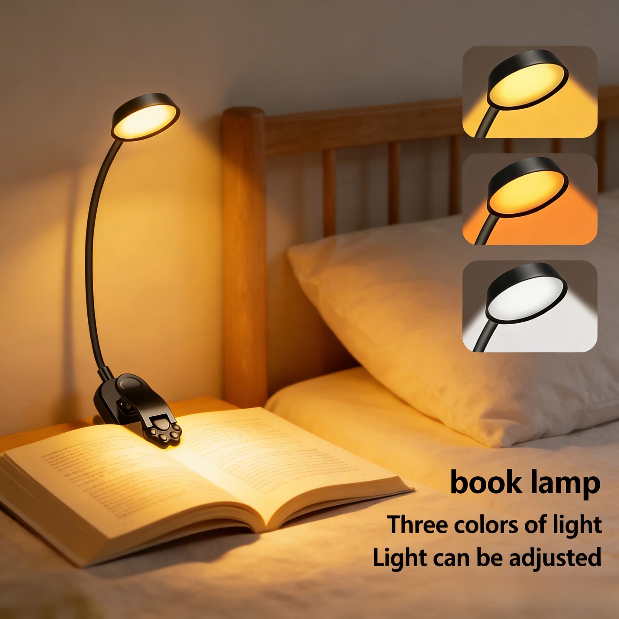 Mini Lampada da Lettura LED 360 ° Lampada Clip-On Ricaricabile e Orientabile con 3 Colori, Protezione per gli Occhi, per Camera da Letto, Lettura, Viaggi e Studio