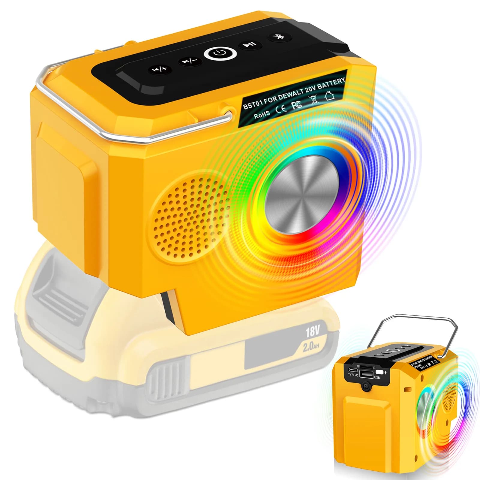 Altoparlante Portatile da Cantiere per Batteria Dewalt 20V, 10W Bluetooth Wireless con Caricatore USB e Scheda TF per Campeggio e Costruzioni, Portata 100ft