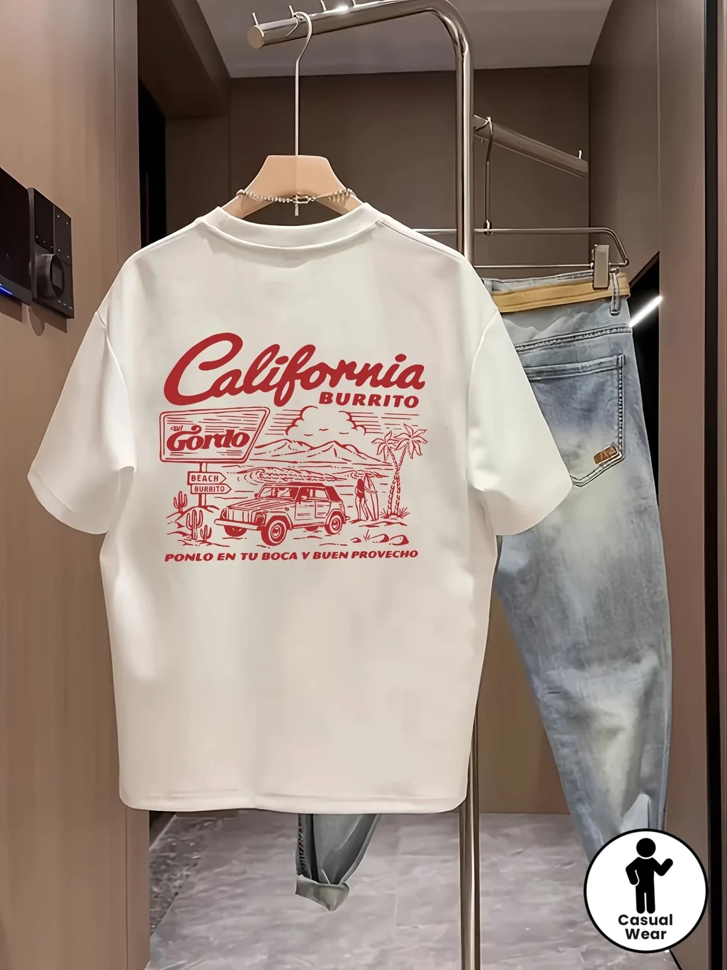 New men's casual T-shirt with stylish print, 100% cotton, loose fit, trendy, versatile, high-quality short sleeve.