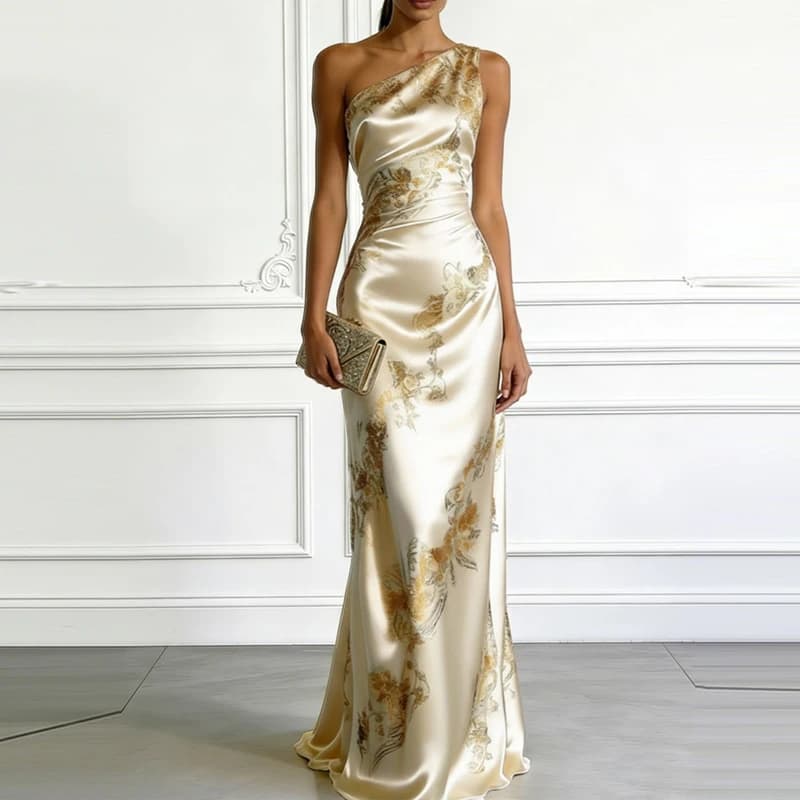 Spring Sexy One Shoulder Hollow Long Dress Chic Floral Print Satin Women's Party Dress Summer Sleeveless High Waist Maxi Dresses