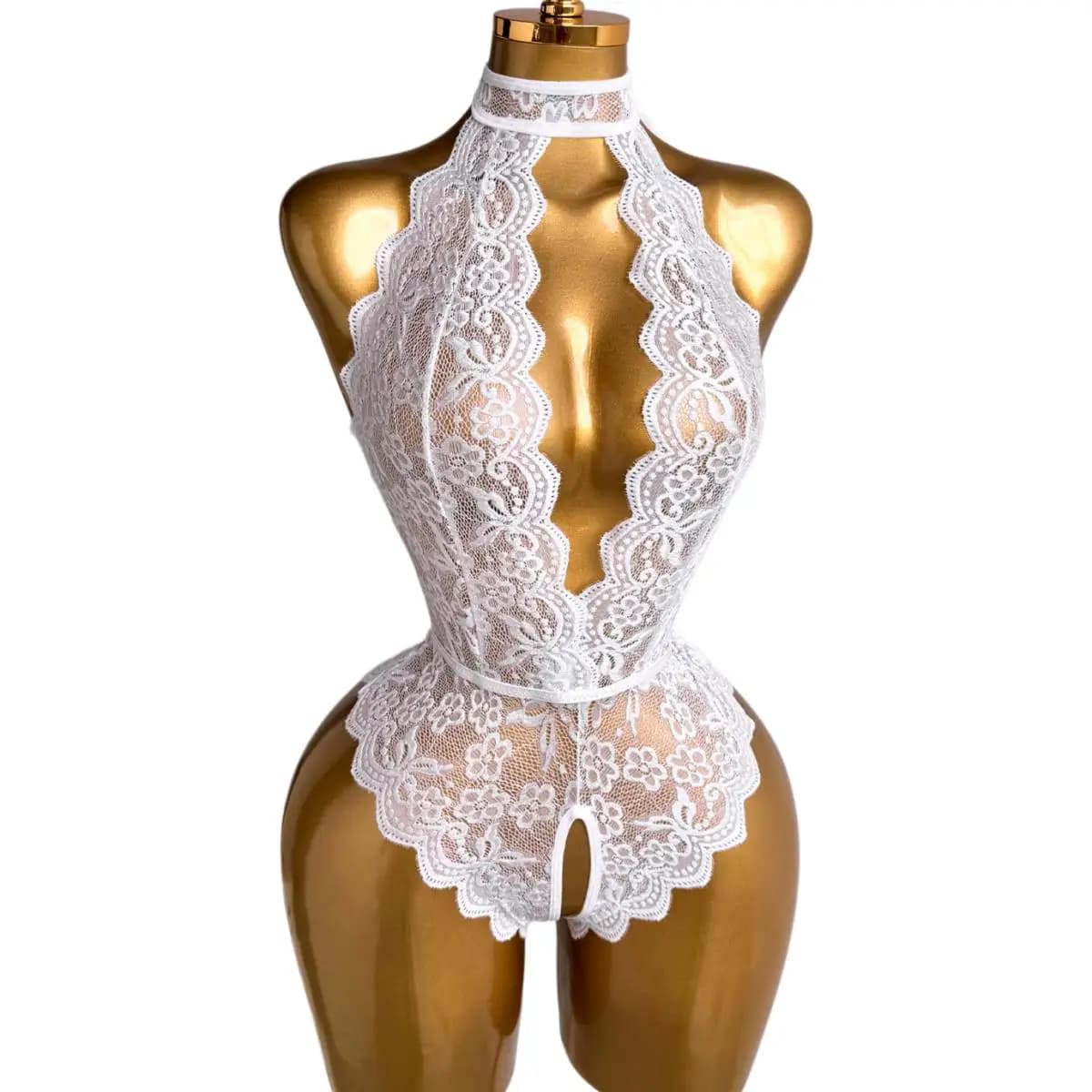 White Halter Neck Floral Lace Teddies Lingerie Women Deep V Sheer Open Crotch Bodysuit Backless Intimate Nightwear For Valentine