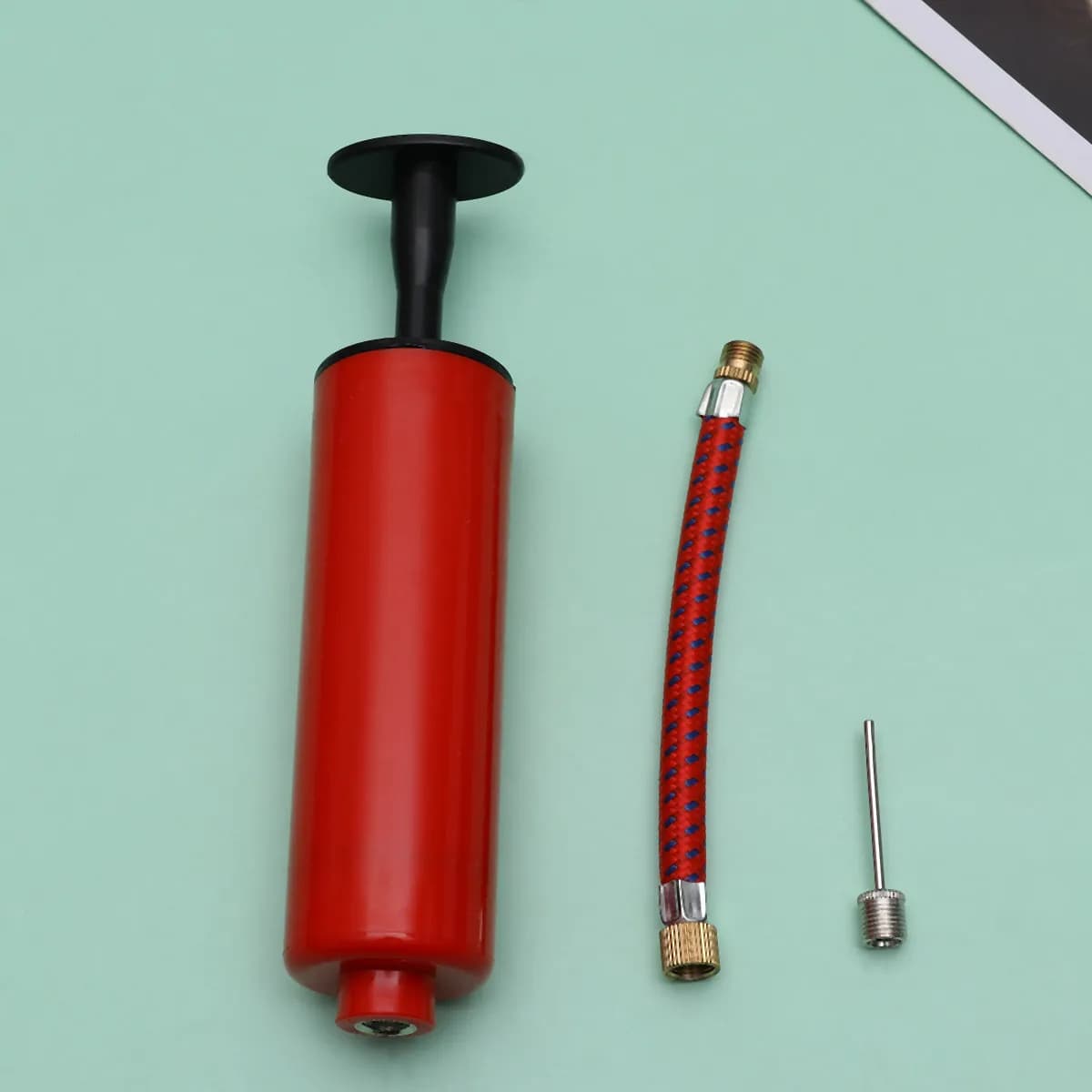 12 pcs of red rubber extension tubes with needle to inflate basketballs, with metal pump for inflatable balloons, portable manual air pump