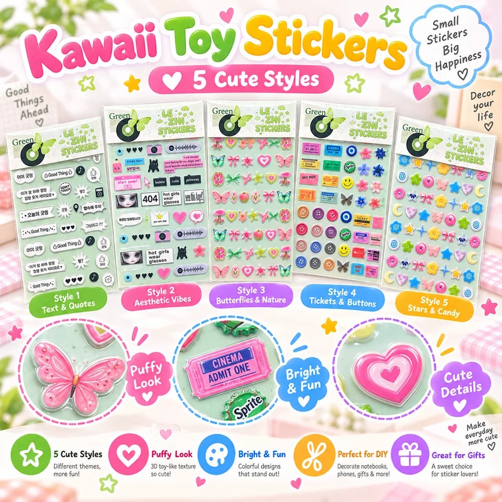 Pastel Kawaii Toy Stickers Cute Puffy Hearts Flowers Bows Decorative Decals for Planner Journal Notebook Phone Case DIY Crafts