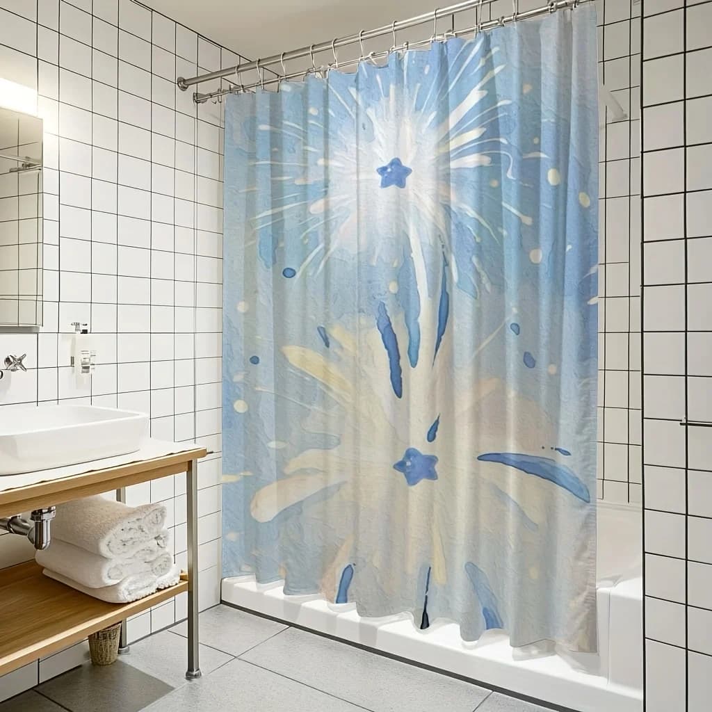 Tenda da doccia con stampa digitale con fuochi d'artificio blu – Poliestere reversibile con ganci, decorazione artistica per il bagno lavabile in lavatrice