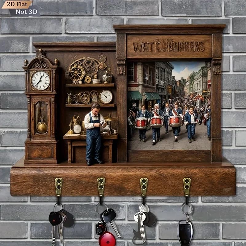 [Key Holder] 1 Retro Clock Shop Wall Decor - Clock Shop Scene with Clocks, Keys, Hooks - Rustic Wooden Key Holder Organizer -