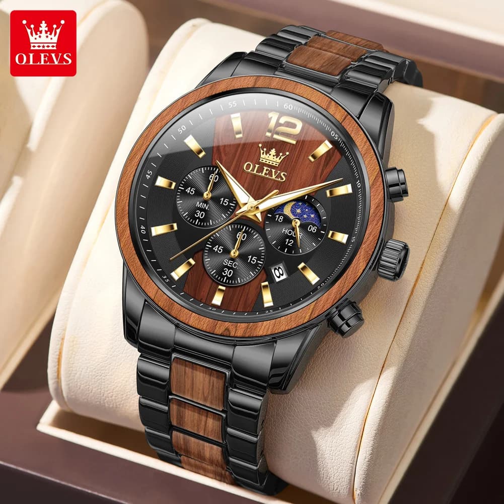 OLEVS 3645 Business Luxury Men's Wristwatch Original Wooden Luminous Chronograph Moon Phase Calendar Quartz Man Watch