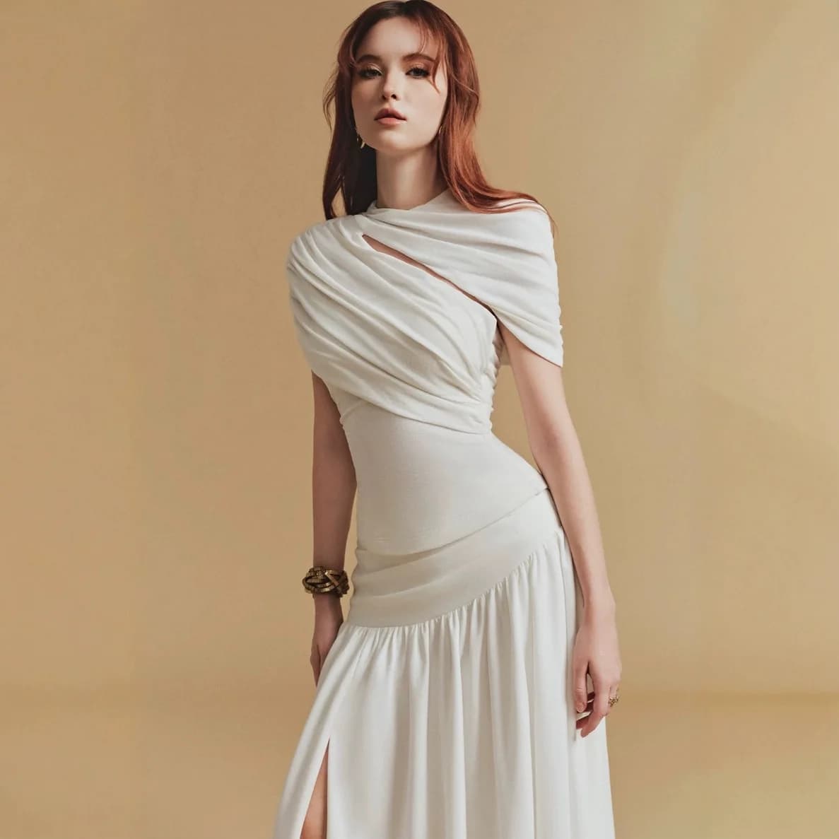 Side Twist Ruched Dusty Pink Asymmetric Cape Sleeveless Stretch Knit Midi Maxi Dress Sets Wedding Evening Formal Guest Gown