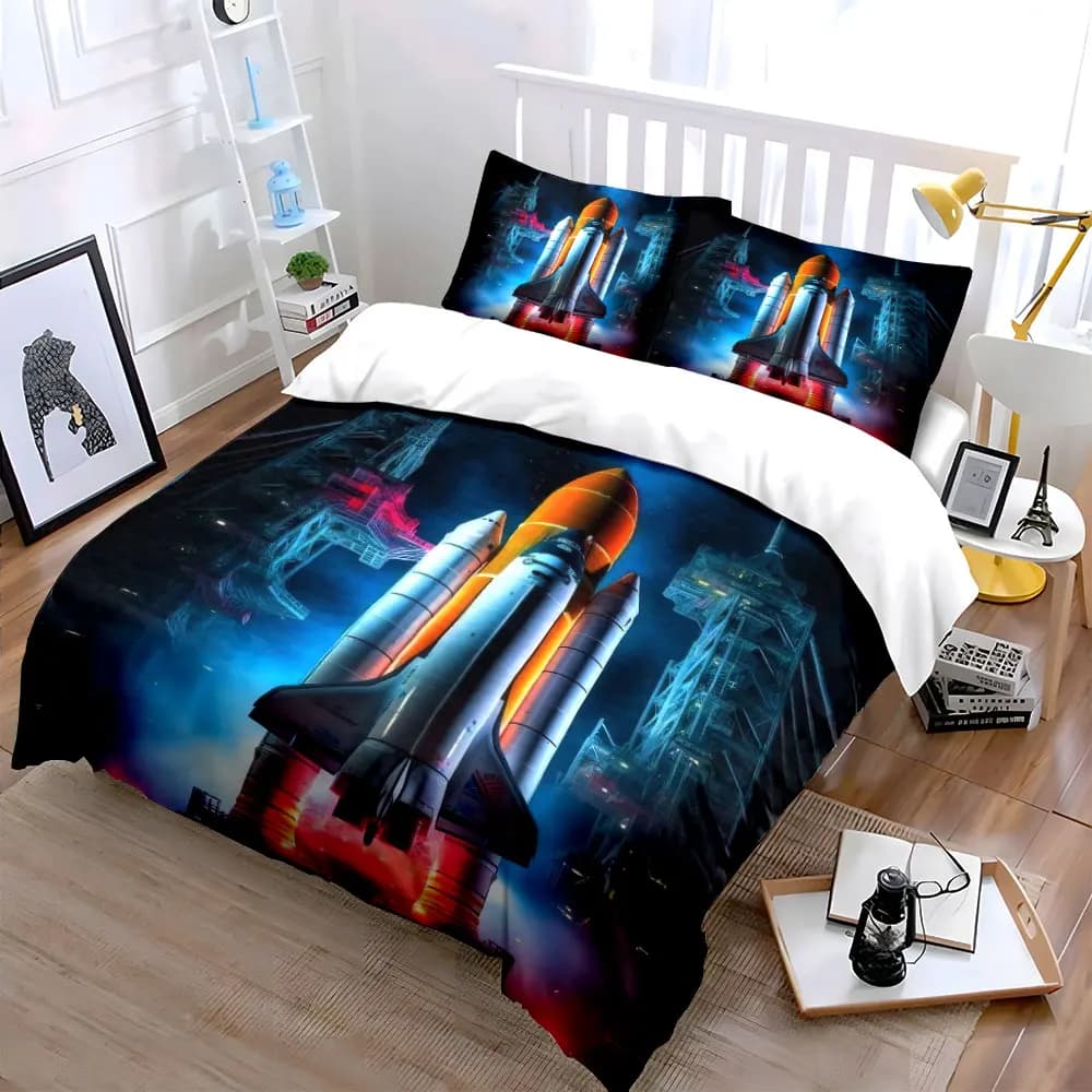 Set decorativo per il lancio della navetta spaziale, set di biancheria da letto morbido e delicato sulla pelle, include 1 copripiumino e 2 federe, regalo