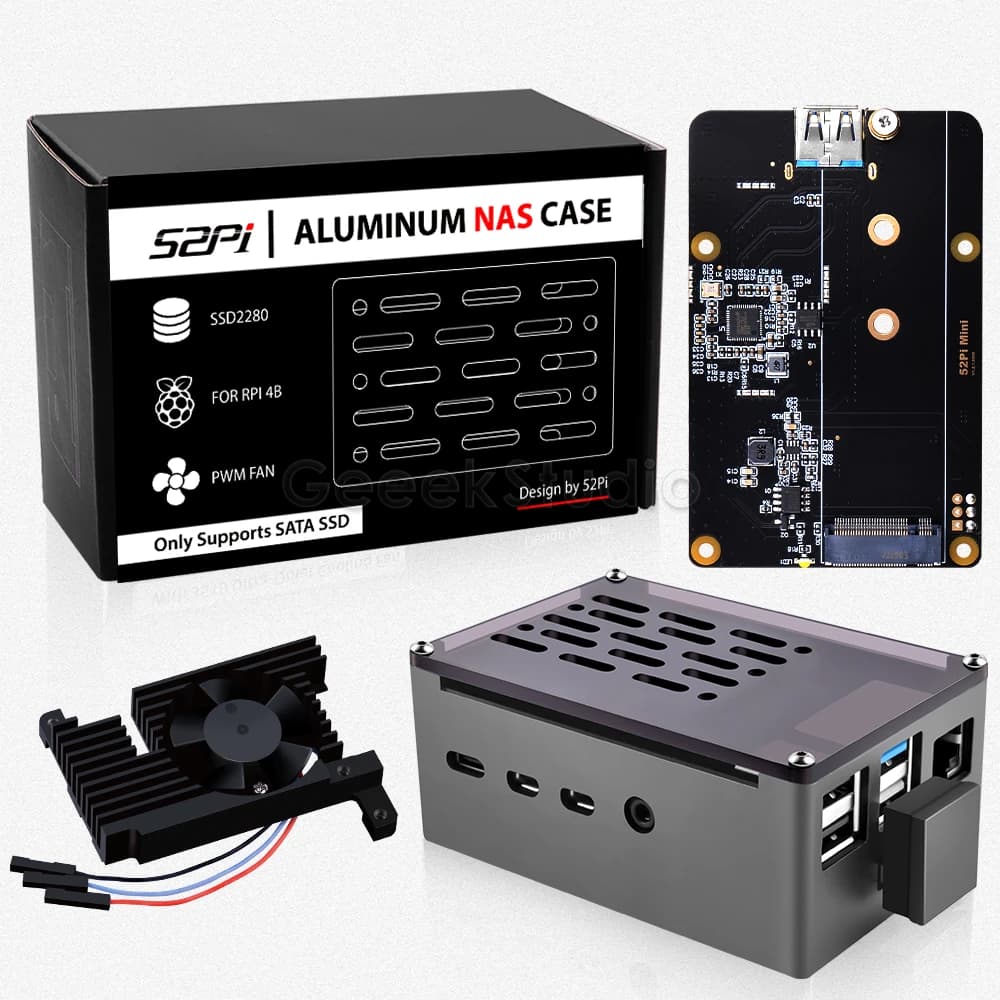 Aluminum Brick Case Raspberry Pi 4 Model B Enlosure Black Shell with Cooling Fan 3510 SATA M.2 SSD Adapter Card for RPI 4B