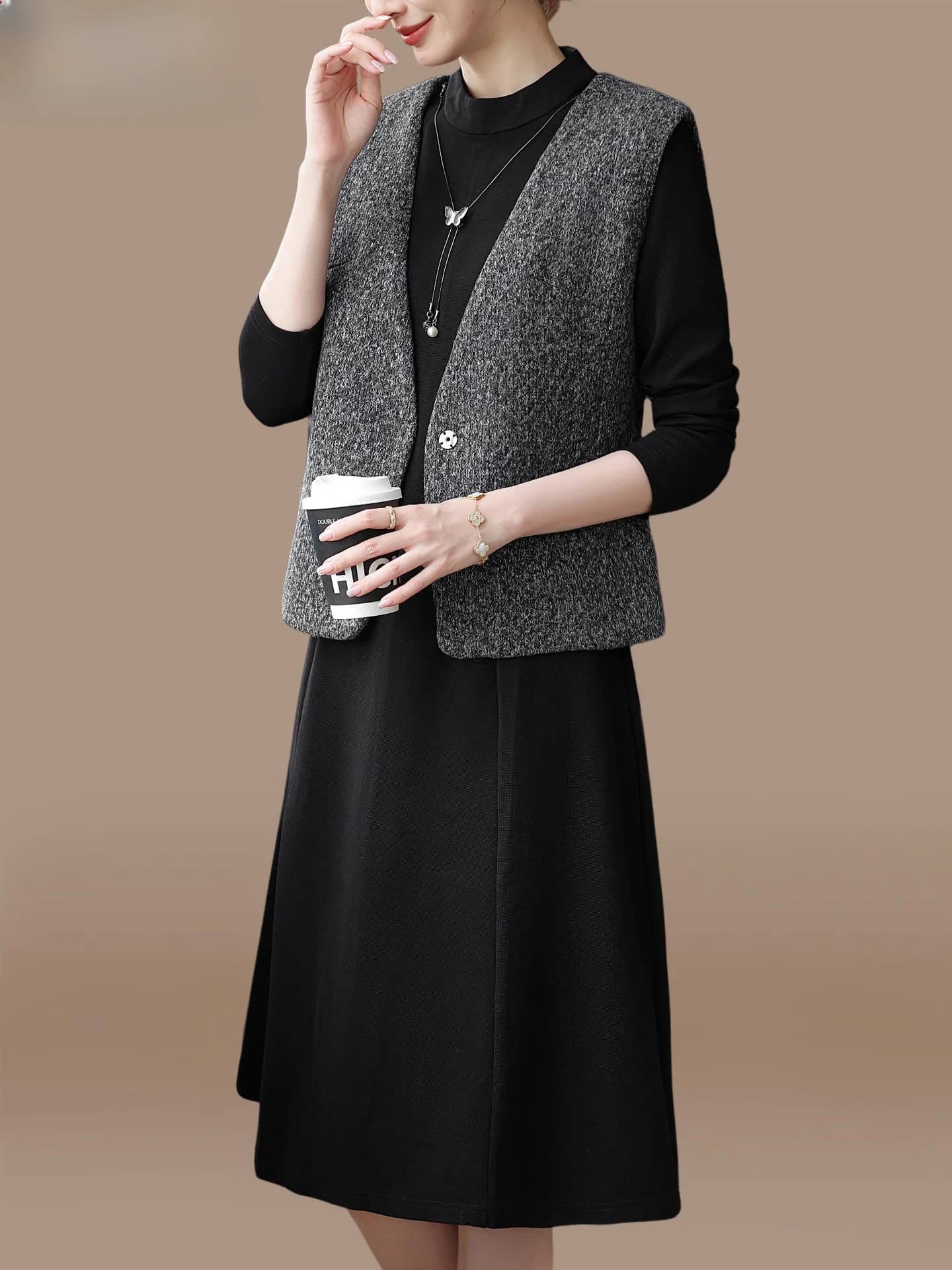 Elegant Midlife Mom Autumn Dress Set Ladylike Long Sleeve Midi Dress with Vest Outerwear for Sophisticated Women over 40