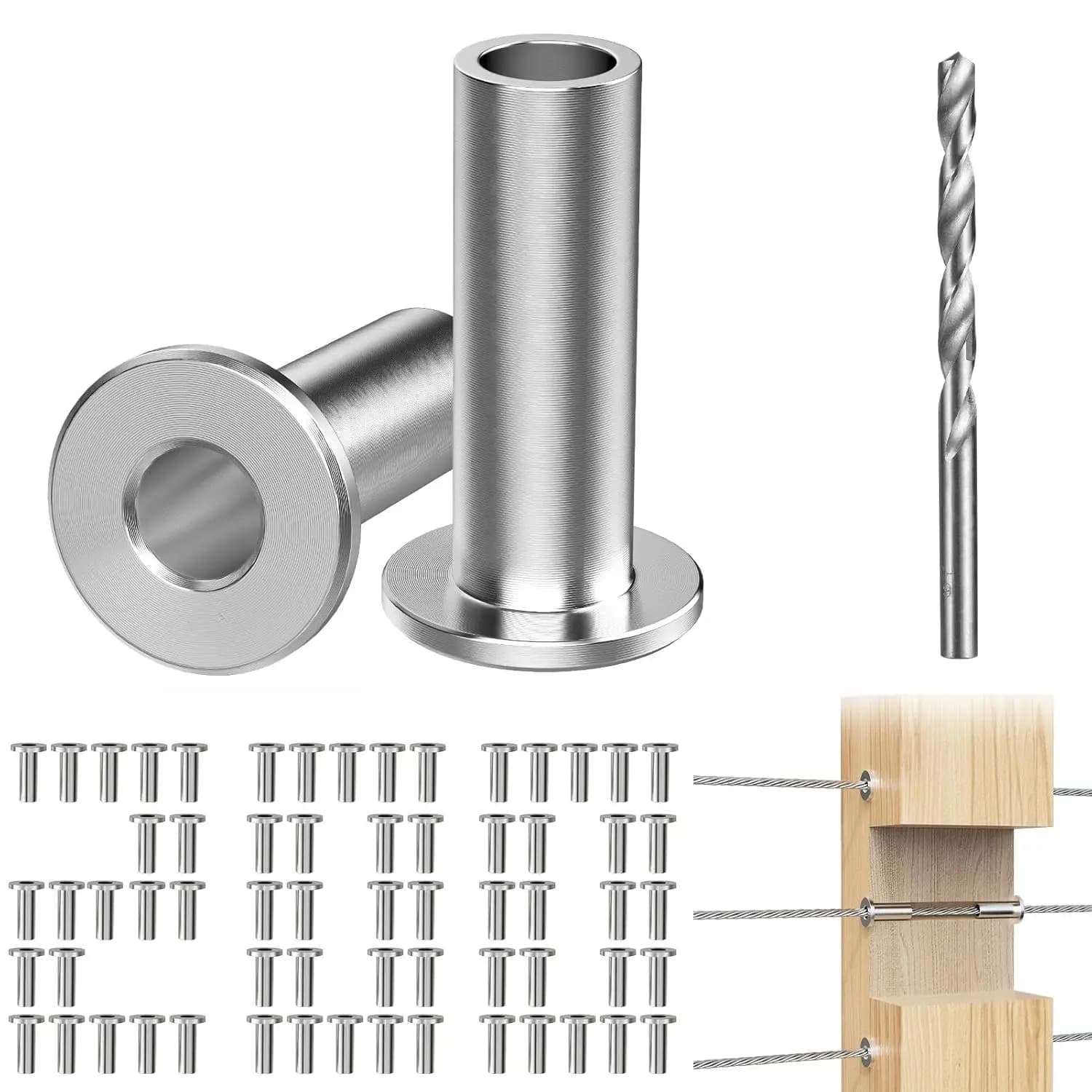 Confezione da 200 Guaine in Acciaio Inossidabile per Cavi da 1/8'', Grado Marino T316, Include Punta da Trapano