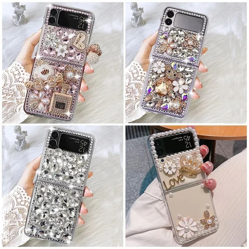 Per Samsung Galaxy Z Flip5 4 3 2 Custodia pieghevole per telefono Cover completa con custodia protettiva per telefono da donna in stile principessa in silicone con diamanti