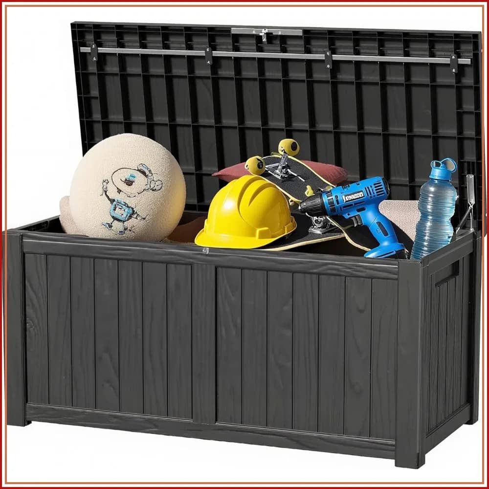 120 Gallon Outdoor Storage Box - Waterproof Resin Deck Box with Stainless Steel Rods - Lockable Storage Bin for Patio Cushions & Garden Tools, Black