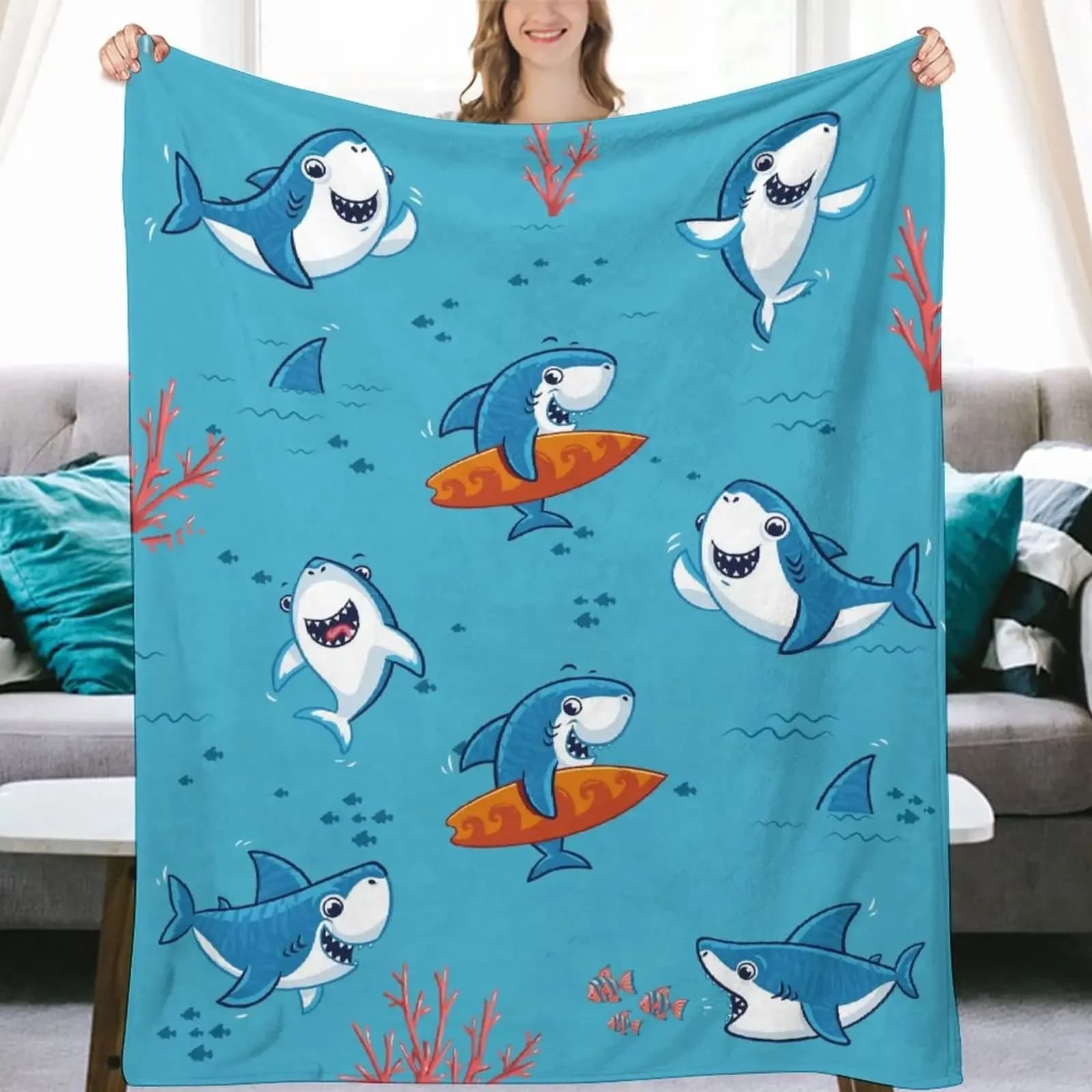 Coperta in pile di squalo, letto in flanella ultra morbida, calda coperta in peluche sfocata