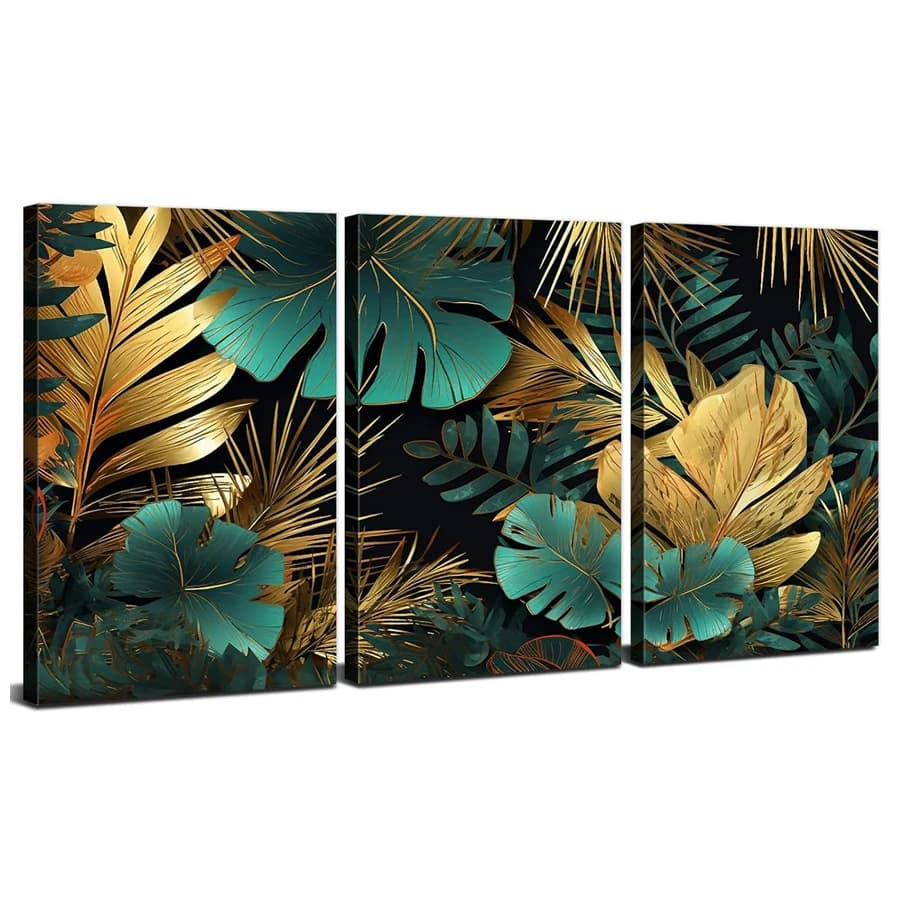 Trittico di foglie tropicali pittura piena di diamanti Punto croce verde e oro Decorazione murale Verde smeraldo Bagno Pianta mosaico art