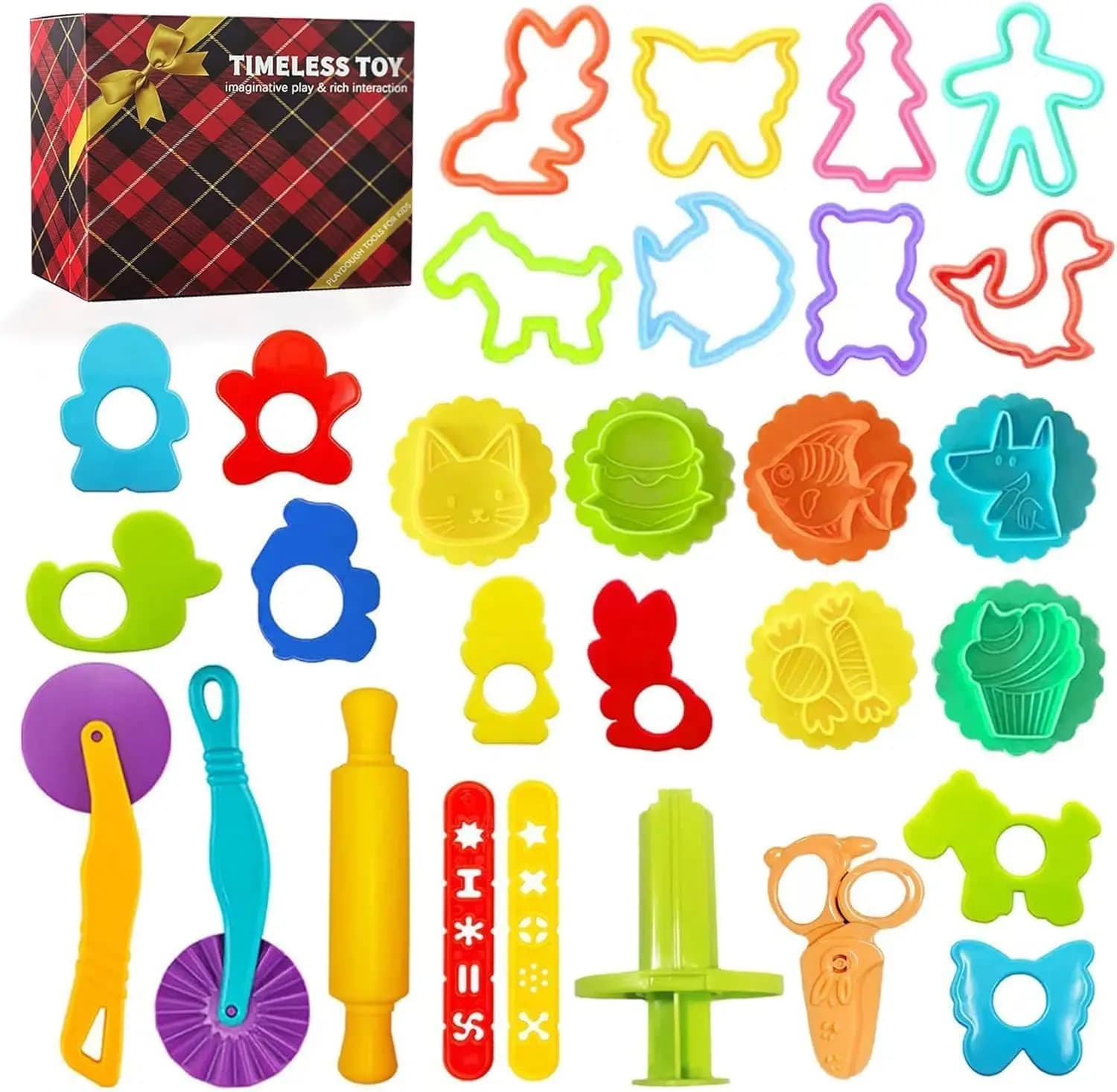 Set di 29 utensili per modellare l'argilla, kit di stampi per argilla per bambini con lettere, numeri e animali, rulli e scatola portaoggetti, certificato non tossico ASTM F963, giocattoli per bambini e bambine dai 3 agli 8 anni