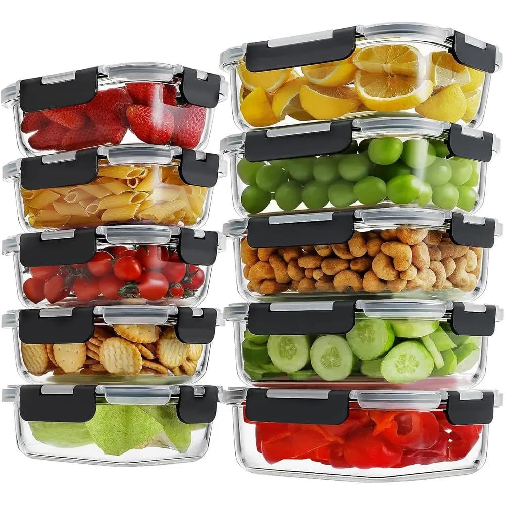10 Pack Borosilicate Glass Meal Prep Containers, Locking Lids, Glass Food Storage, Airtight Lunch Bento Boxes, BPA-Free & Leak P