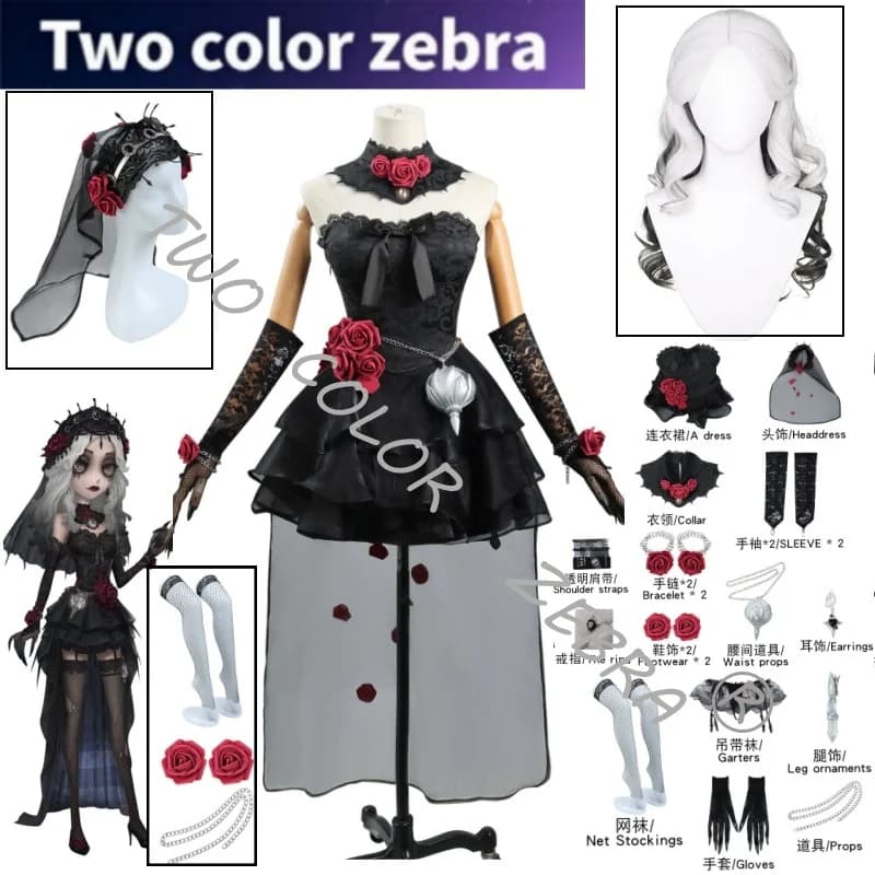 Costume Cosplay Psicologa del Gioco Identity V, Set Abito Gotico in Pizzo Nero 'Everlasting Night' di Ada Mesmer con Accessori Rosa Rossa