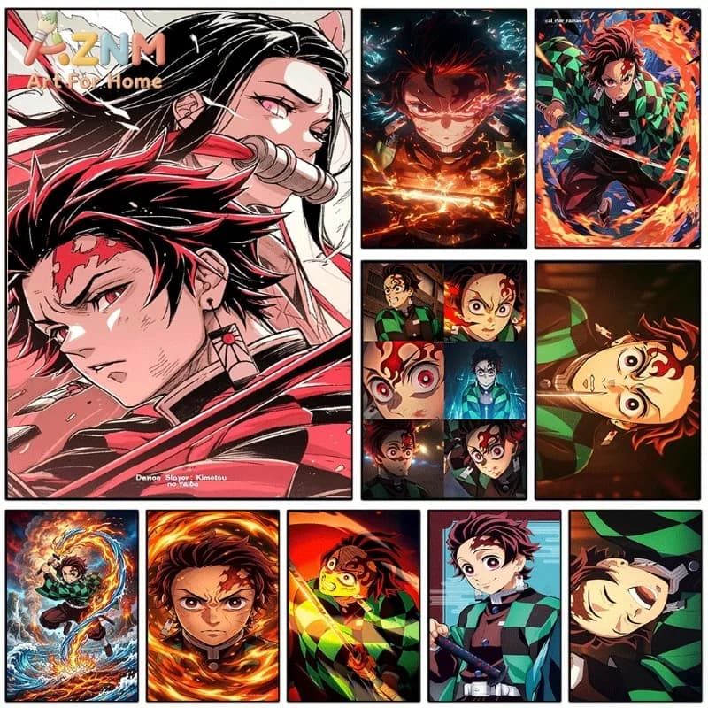 Demon Slayer Kimetsu no Yaiba Canvas Wall Art Tanjiro Nezuko Anime Poster Unframed Canvas Painting Home Living Room Wall Art Dec
