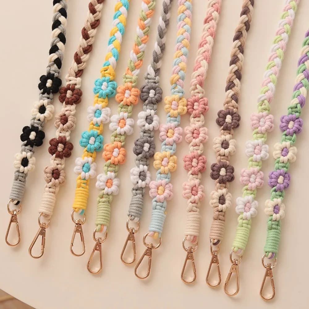 Catenella Intrecciata Artigianale con Fiori, Cordino a Catena con Gancio per Uncinetto, Catenella Pendente con Margherite Intrecciate, Squisito Ciondolo Anti-Smarrimento per Borsa, Corda Intrecciata
