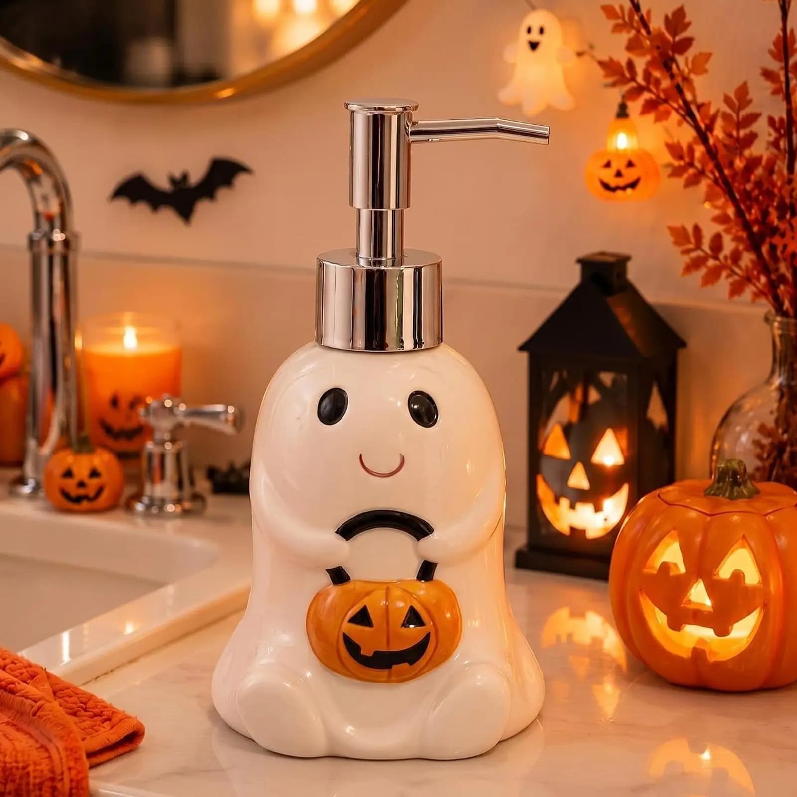 Soap Dispenser Bathroom Refillable Ceramic Pump Shampoo Bottle with Ghost Design 280ml Handwash Dispenser for Sink Shower Bath