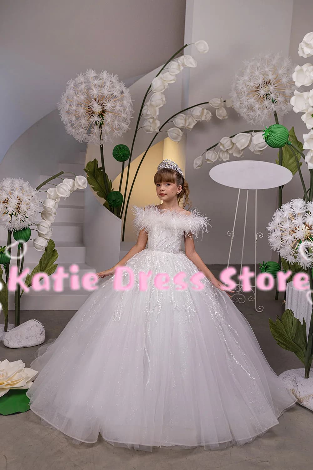 Abito da damigella d'onore luccicante con paillettes e piume, in tulle gonfio, per bambini, per feste di compleanno, Prima Comunione, abiti da ballo personalizzabili