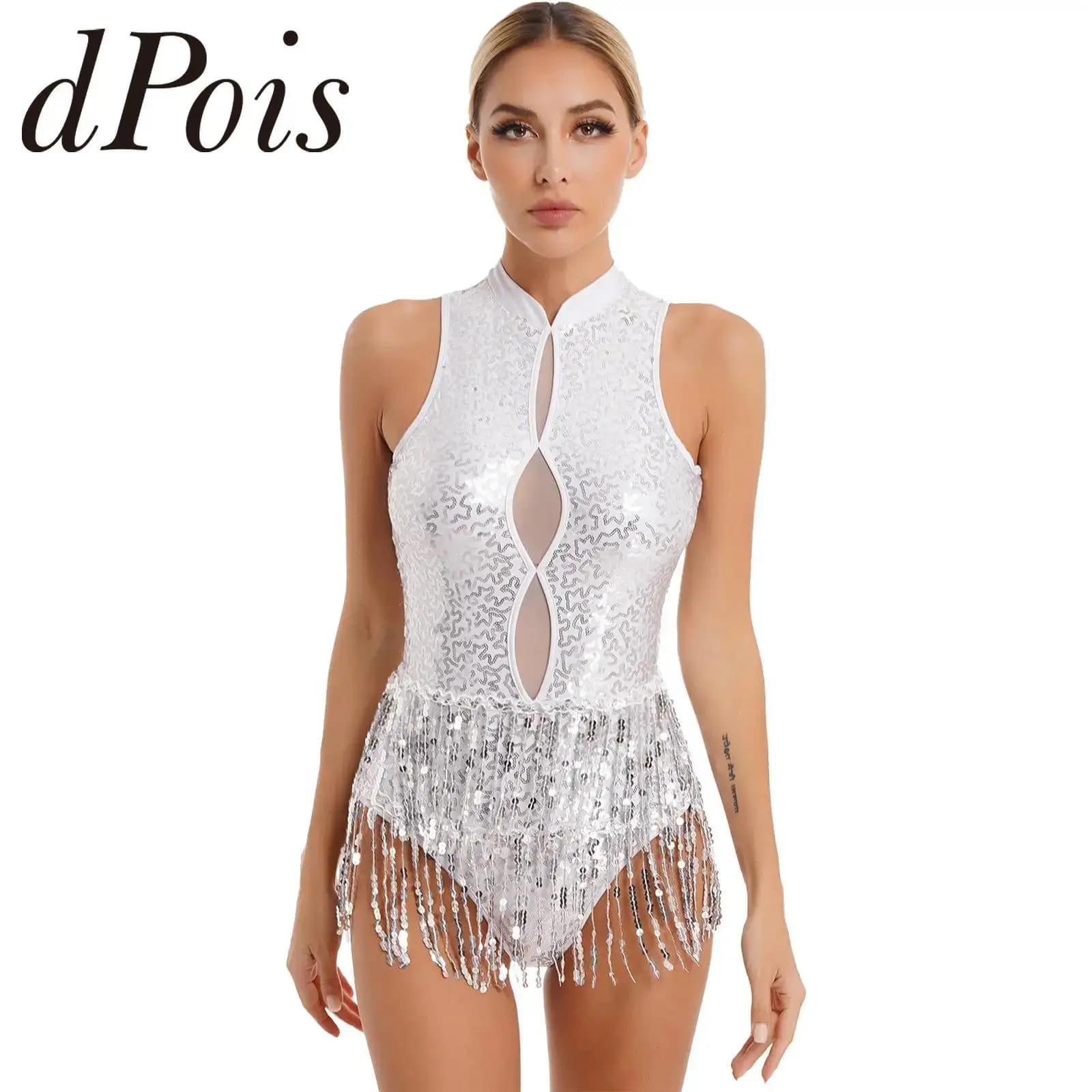 Donne Glitter paillettes nappa ginnastica body senza maniche con frange danza latina tuta Performance Costume pattinaggio su ghiaccio tuta