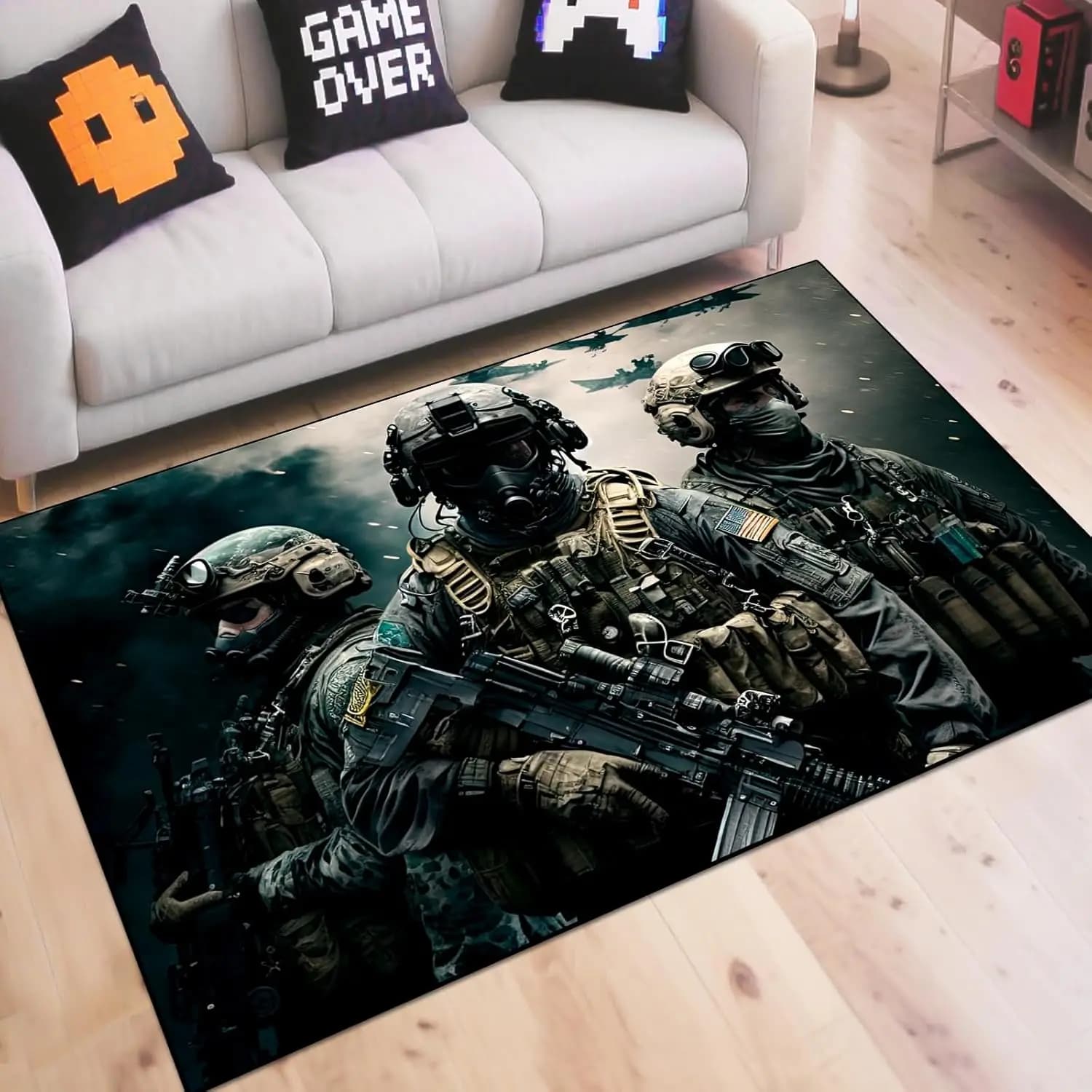 Elite Special Forces Themed Rug, Realistic Military Soldier Combat Floor Mat for Living Room, Bedroom,Non-Slip Decorative Carpet