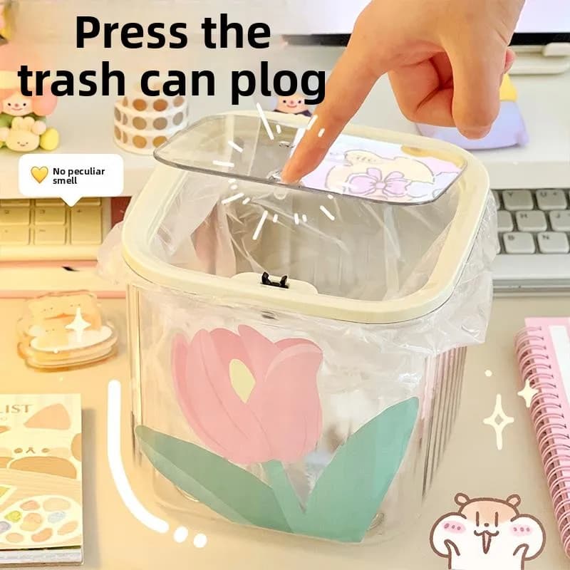 Carino e Compatto Cestino da Tavolo per Cucina, Contenitore per Rifiuti Domestici a Forma di Tulipano, Cestino per Carta in Plastica con Apertura a Pressione, Forma Quadrata
