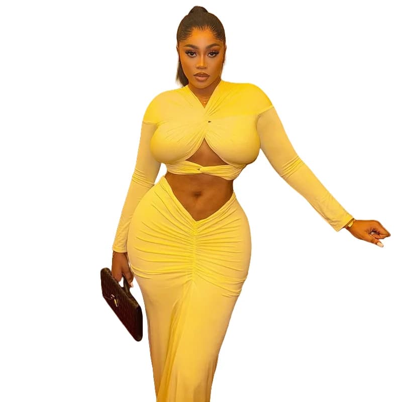 Women's short top with V neckline and long sleeves dug and long skirt wrapped on hips, folds, solid color, sexy, 2-piece set