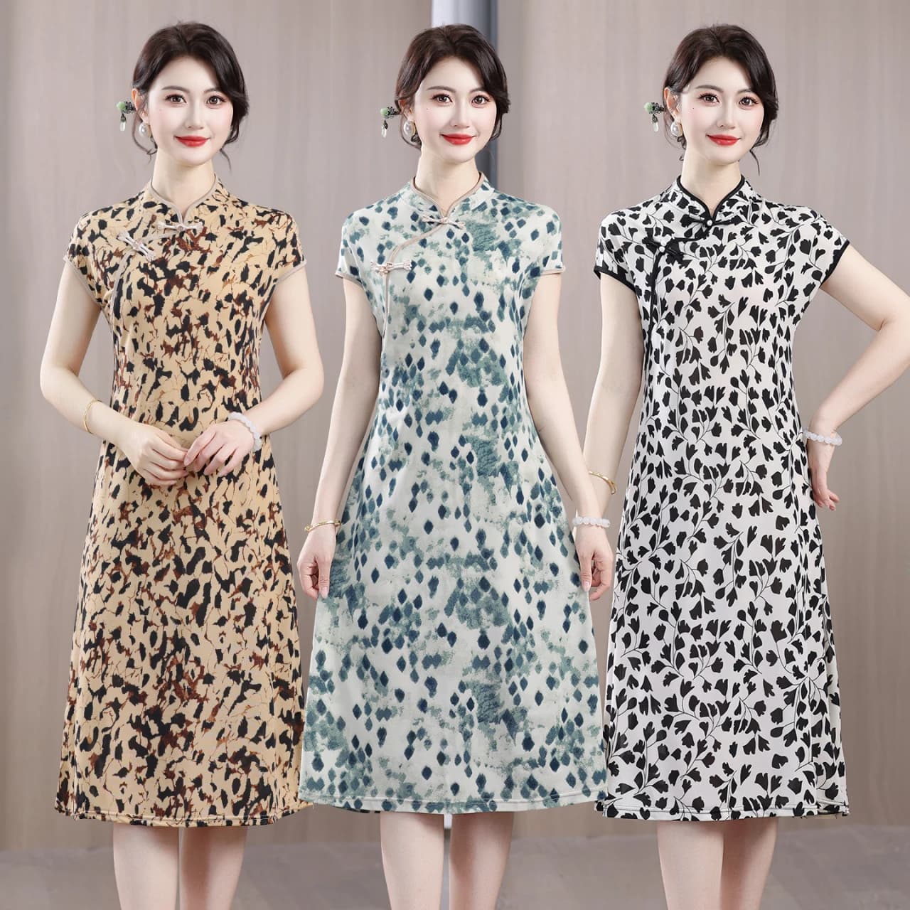 Elegant New Chinese Style Qipao Dress Mid-aged Women Summer Fashionable Elegant Long Skirt Button Fit Maxi Print Dress