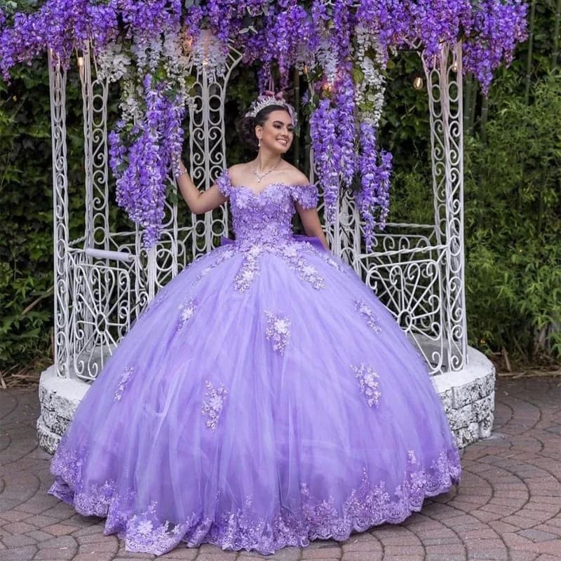 Abiti Quinceanera con fiori 3D color lavanda con grande fiocco che borda pizzo Abiti da ballo principessa Cenerentola Abiti da 15 Anos