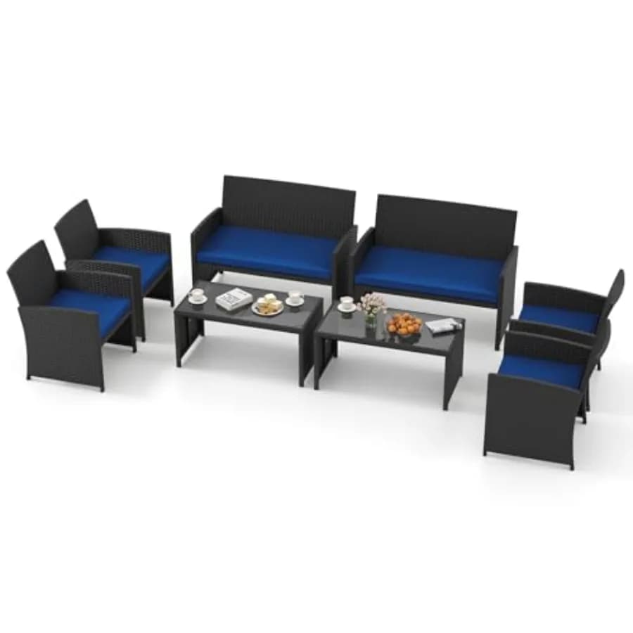 Set di Mobili da Giardino in Rattan 8 Pezzi: Sedie Imbottite Resistenti, Divanetto e Tavolino in Vetro Temperato per Esterni