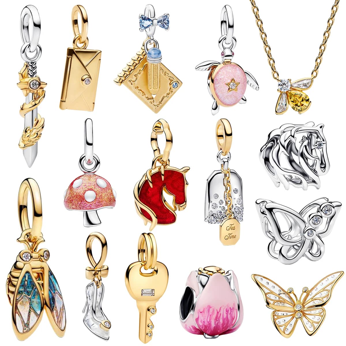 925 Silver Glass Slipper Charm Pink Envelope Floral Tulip Golden Key Sword Bee Cicada Butterfly Beads Necklace Fit Bracelet
