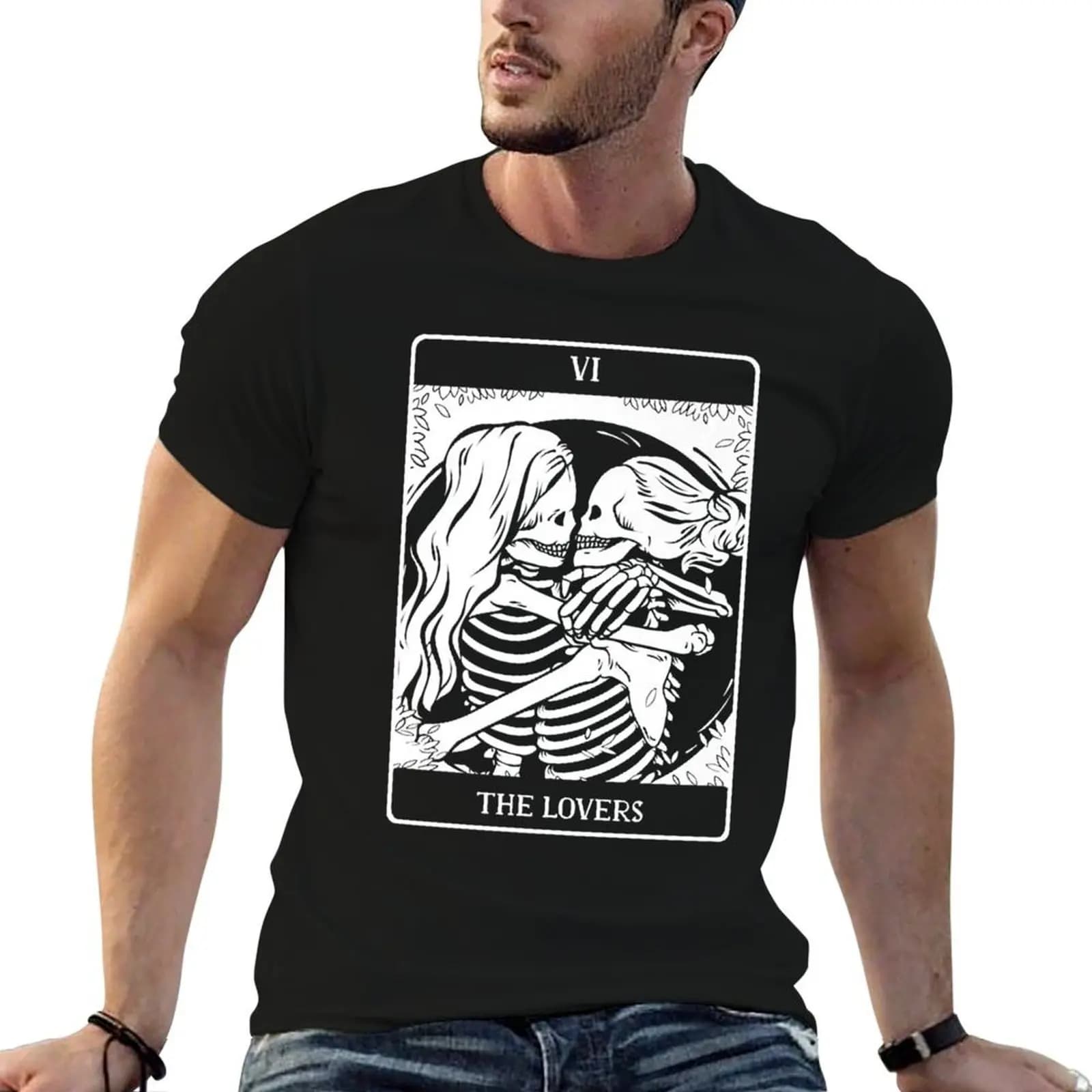 T-shirt da uomo personalizzata con stampa The Lovers Tarot Card Occult Goth Lesbian Skeleton Halloween