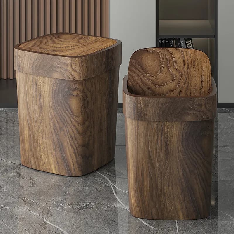 12L Imitation Wood Grain Odor Proof Trash Can Swing Lid Rectangle Garbage Bin Waste Basket for Bathroom Kitchen Office Home