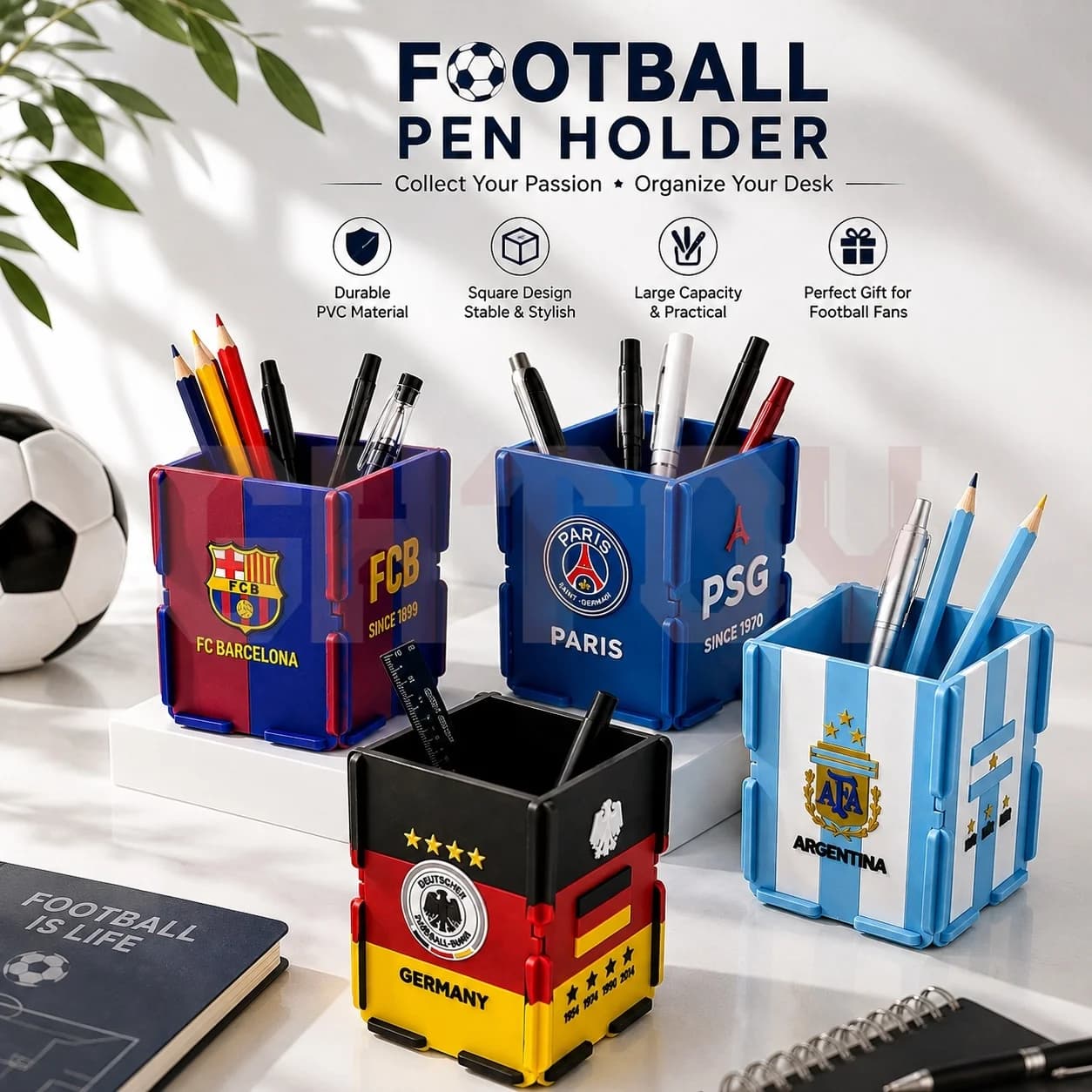 PVC Football Team Pen Holder Barcelona Real Madrid Argentina Soccer Fan Desk Organizer Square Storage Box Souvenir Gift for Fans