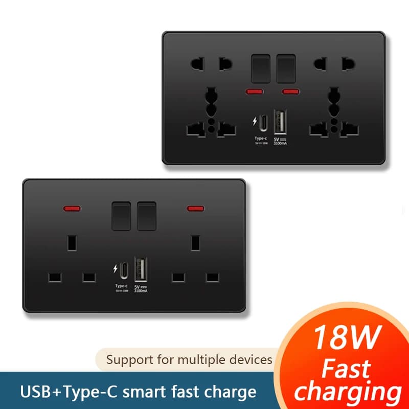 220 V, black UK plug switch 13A, electric wall socket panel with USB charger