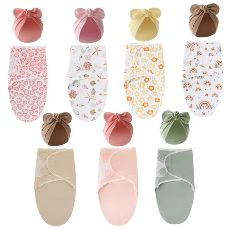 1 set of cotton blankets for babies, sleeping bag + turban hat, unisex sleeping bag for boys and girls with hat with bow