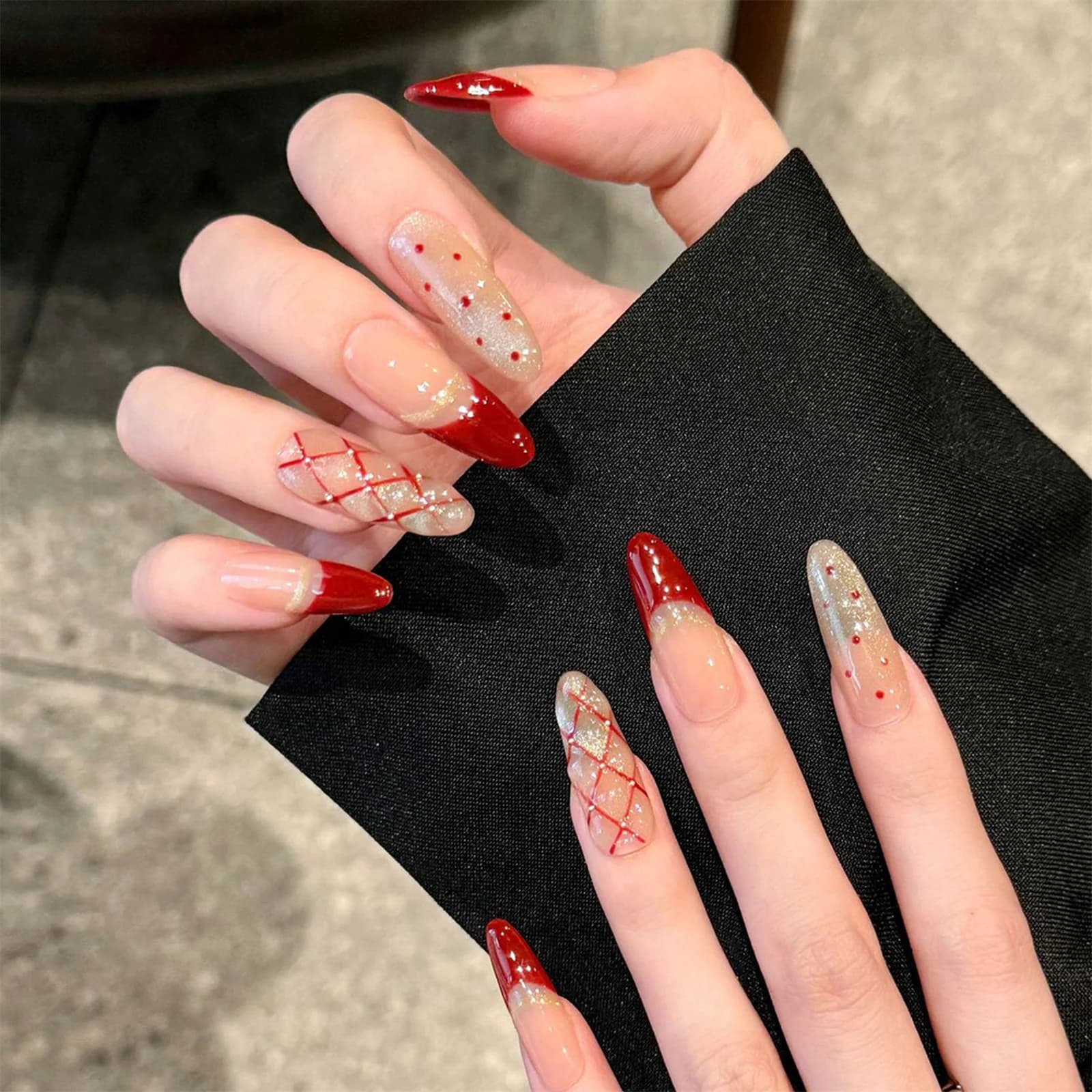 10 pcs Finte Nails Made in Mano Ovali Francesi Press-On with Motive to Pois, Cat Eyes and Squares, Fin Nails with Design for Artistic Manicure
