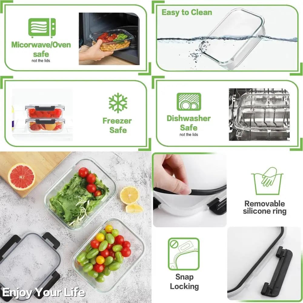 Set di 8, contenitori per la preparazione dei pasti in vetro da 36 once con coperchi a prova di perdite, ermetici per riporre la cucina, stoviglie e lavabili in forno